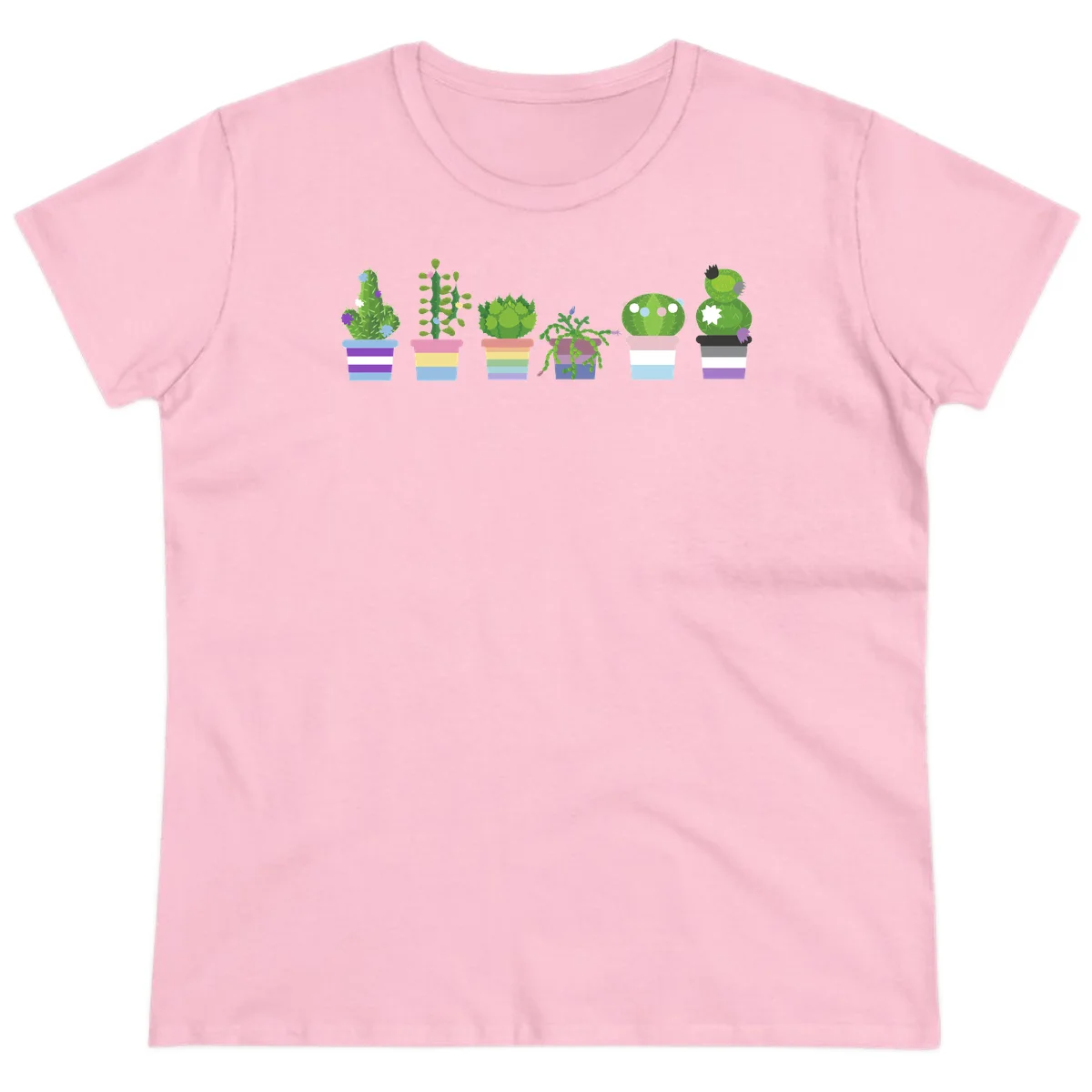 Six illustrated cacti and succulents in rainbow-striped pots with colorful blooms and spikes in Light Pink