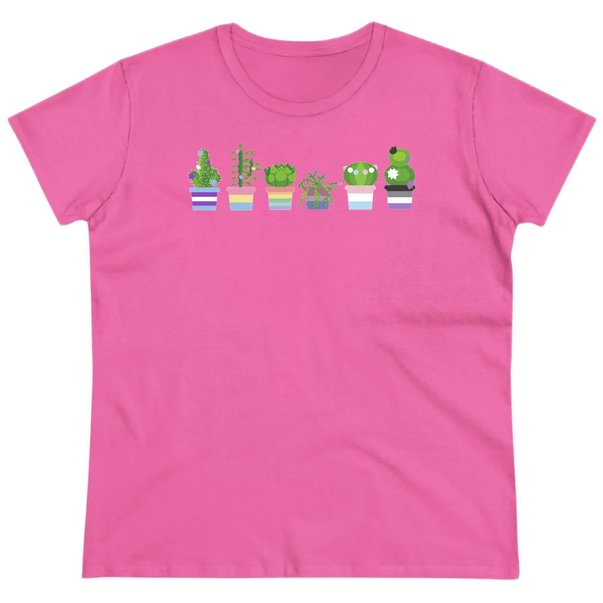 Six illustrated cacti and succulents in rainbow-striped pots with colorful blooms and spikes in Azalea