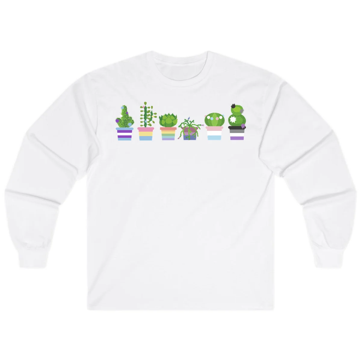 Six illustrated cacti and succulents in rainbow-striped pots with colorful blooms and spikes in White