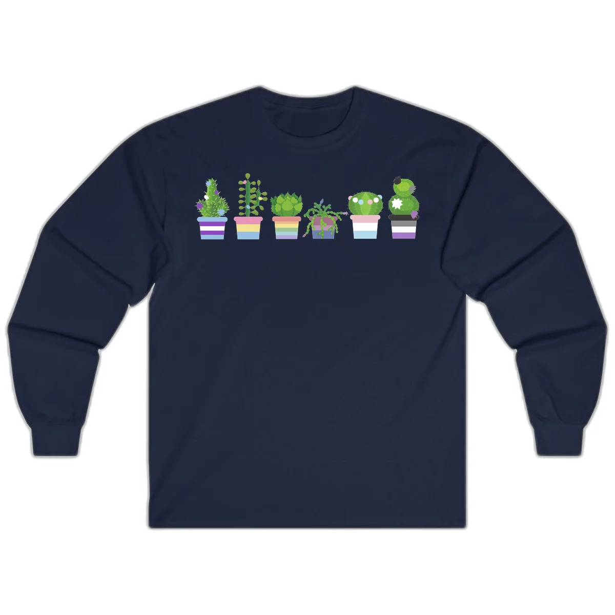 Six illustrated cacti and succulents in rainbow-striped pots with colorful blooms and spikes in Navy