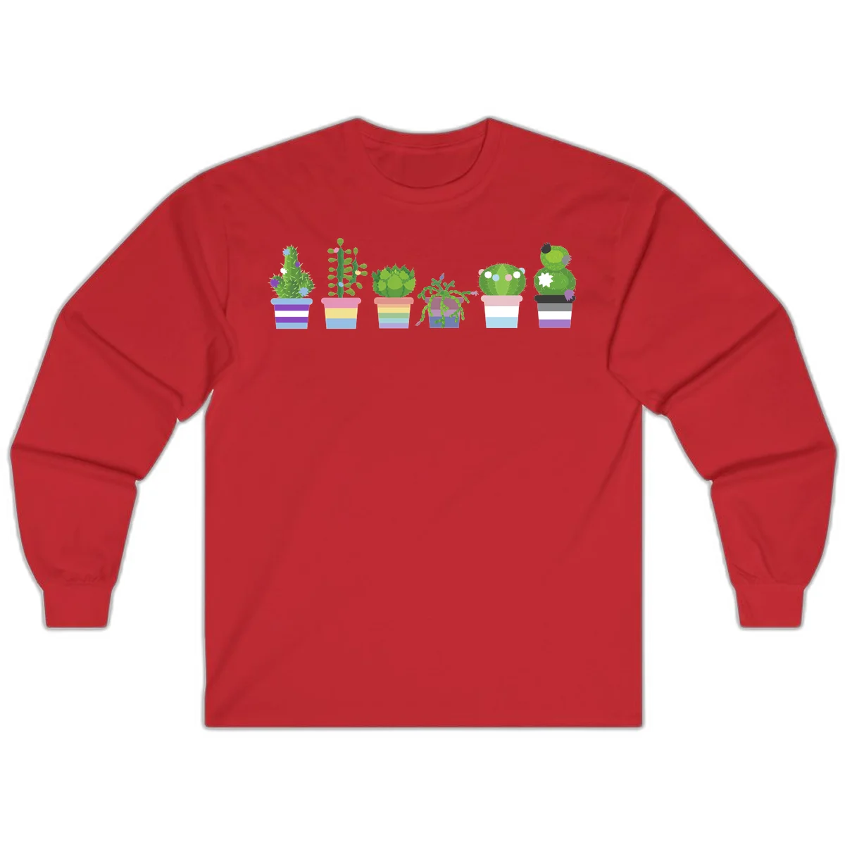 Six illustrated cacti and succulents in rainbow-striped pots with colorful blooms and spikes in Red