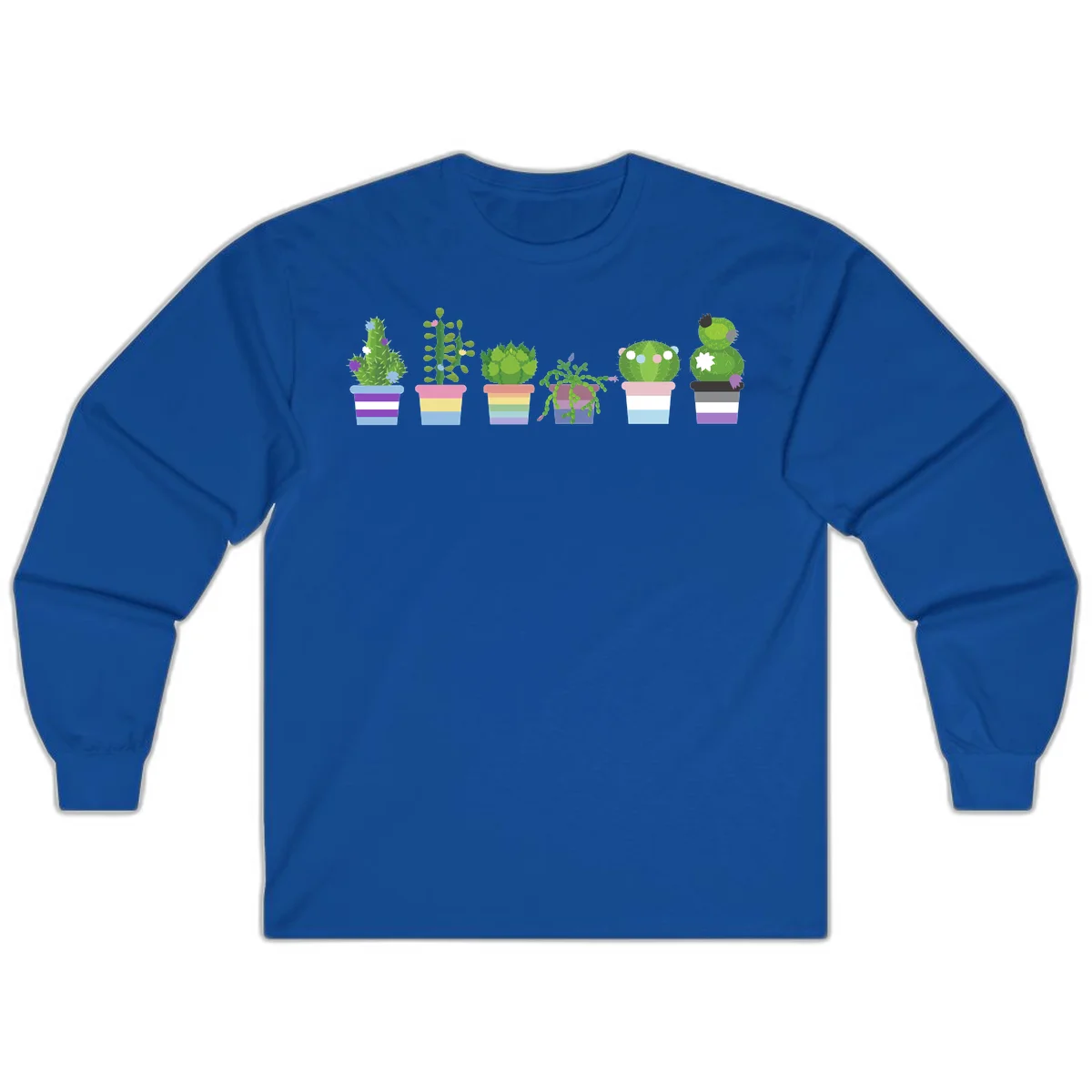 Six illustrated cacti and succulents in rainbow-striped pots with colorful blooms and spikes in Royal