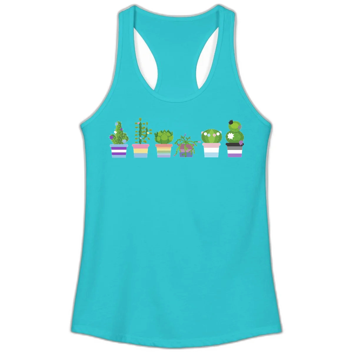 Six illustrated cacti and succulents in rainbow-striped pots with colorful blooms and spikes in Solid Tahiti Blue