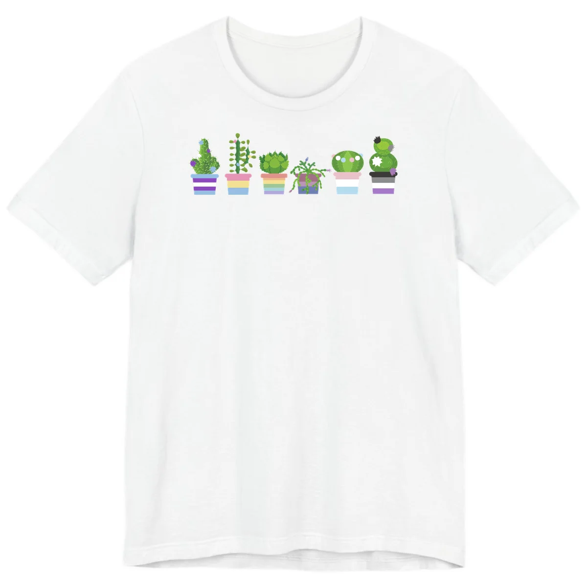 Six illustrated cacti and succulents in rainbow-striped pots with colorful blooms and spikes in White