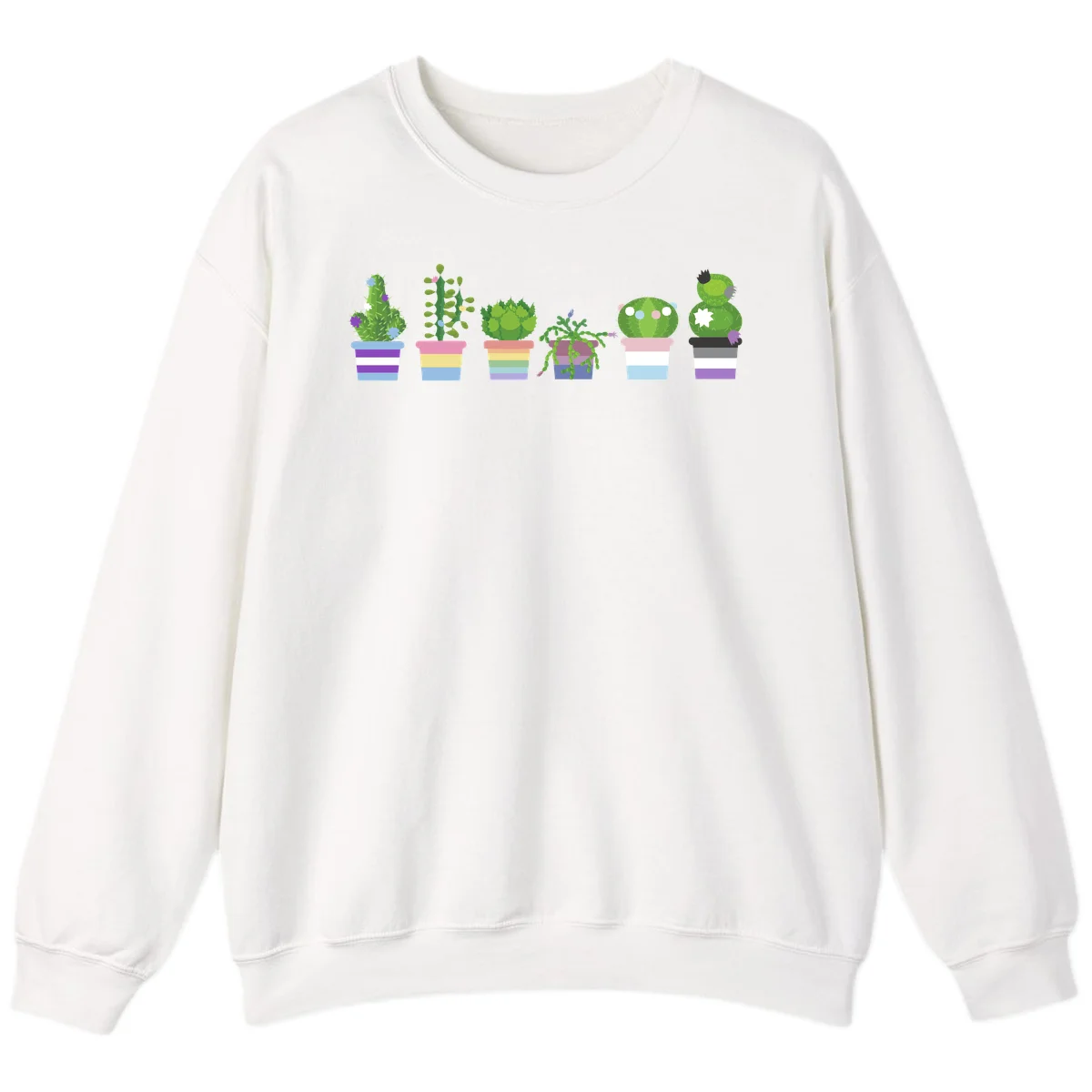 Six illustrated cacti and succulents in rainbow-striped pots with colorful blooms and spikes in White