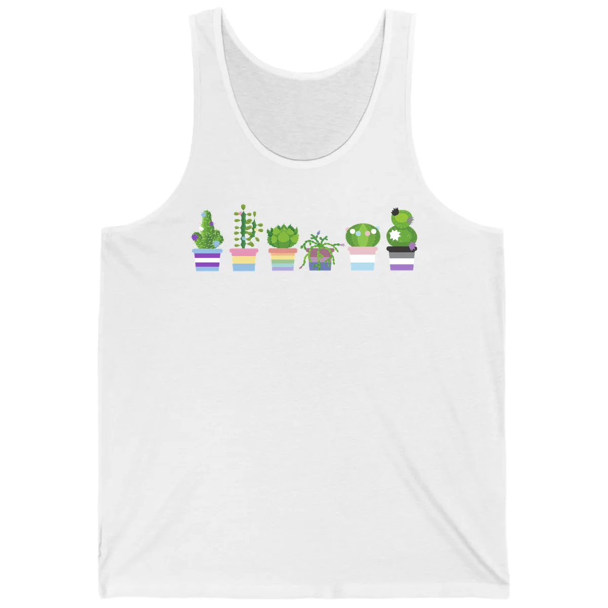 Six illustrated cacti and succulents in rainbow-striped pots with colorful blooms and spikes in White