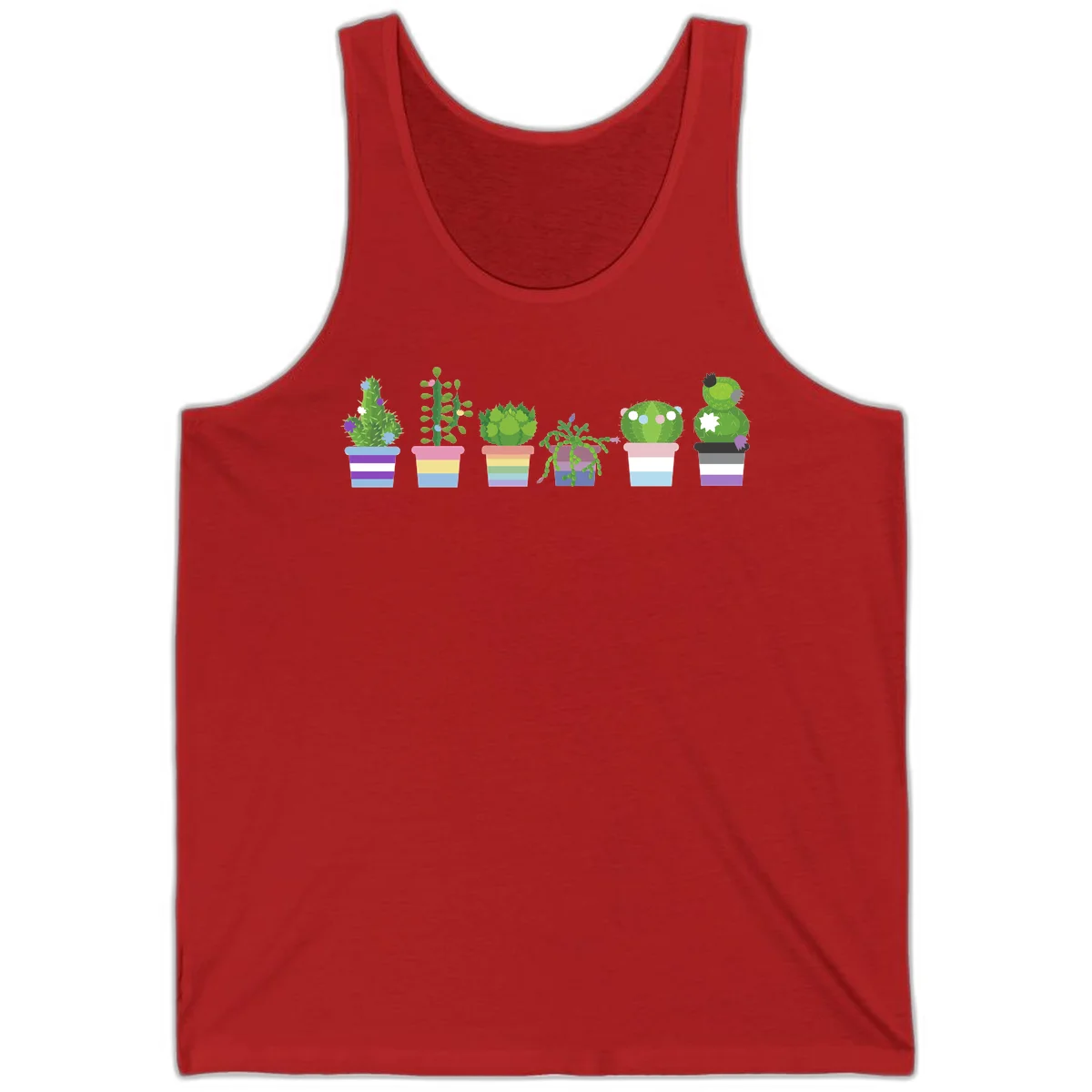 Six illustrated cacti and succulents in rainbow-striped pots with colorful blooms and spikes in Red