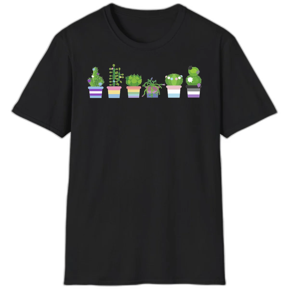 Six illustrated cacti and succulents in rainbow-striped pots with colorful blooms and spikes in Black