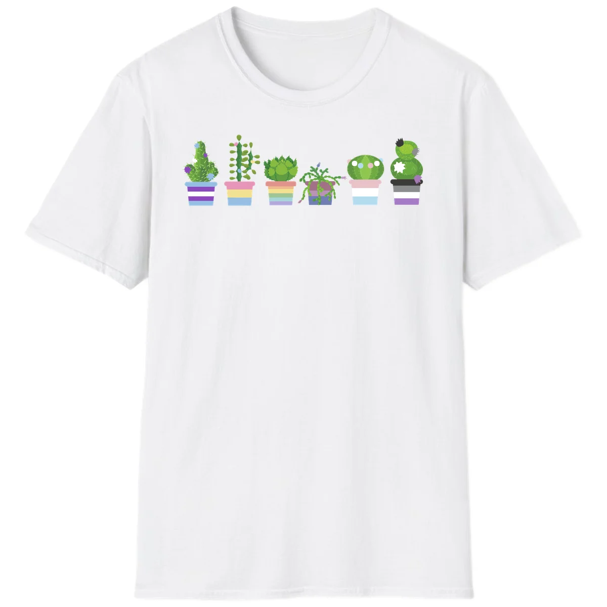 Six illustrated cacti and succulents in rainbow-striped pots with colorful blooms and spikes in White