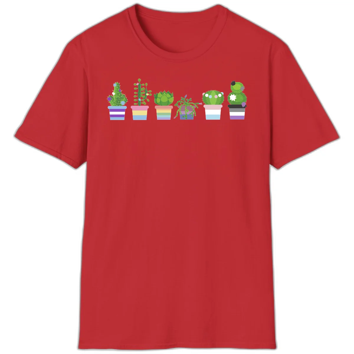 Six illustrated cacti and succulents in rainbow-striped pots with colorful blooms and spikes in Red