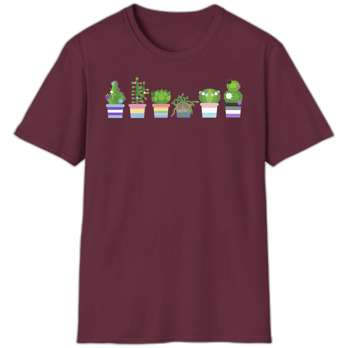 Six illustrated cacti and succulents in rainbow-striped pots with colorful blooms and spikes in Maroon