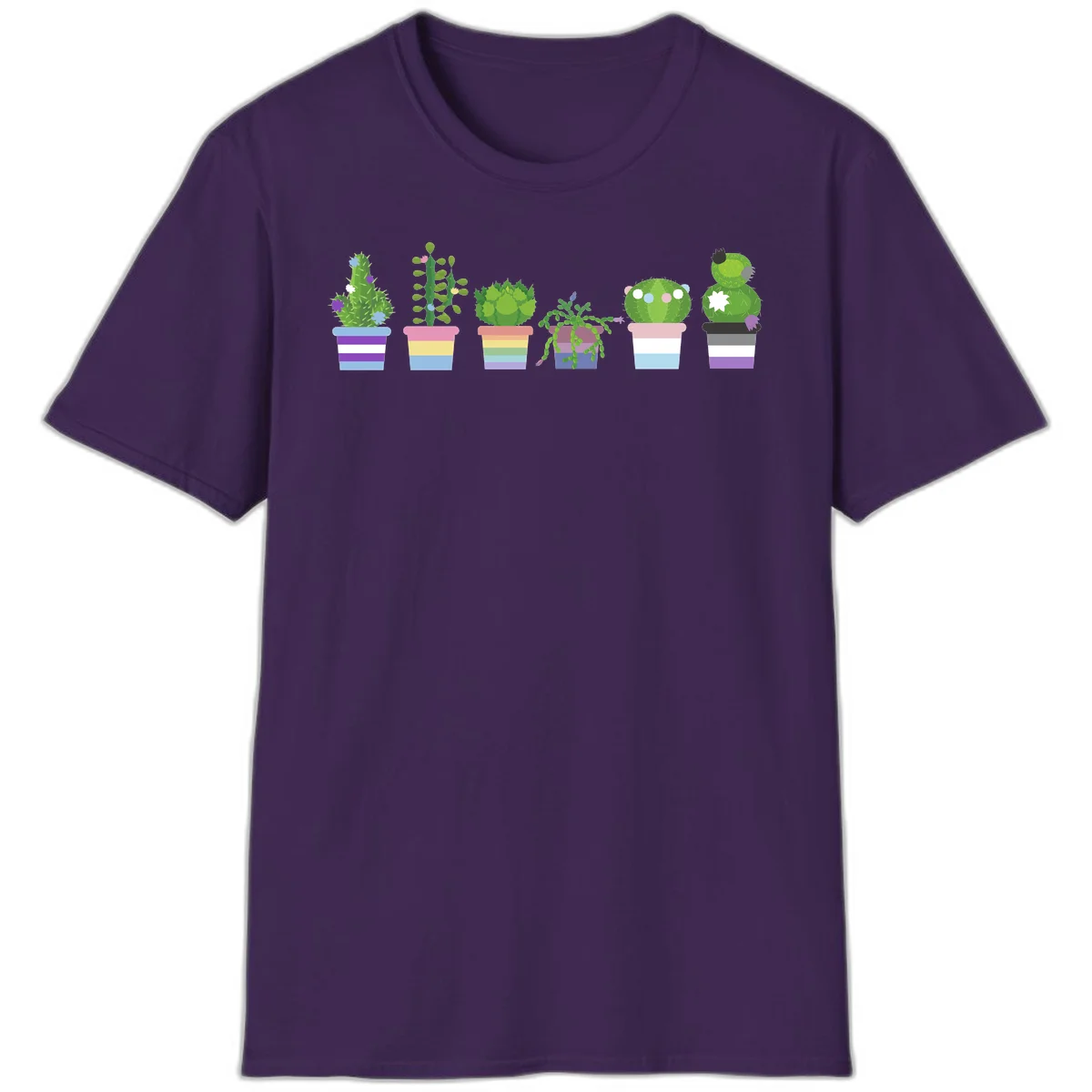 Six illustrated cacti and succulents in rainbow-striped pots with colorful blooms and spikes in Purple