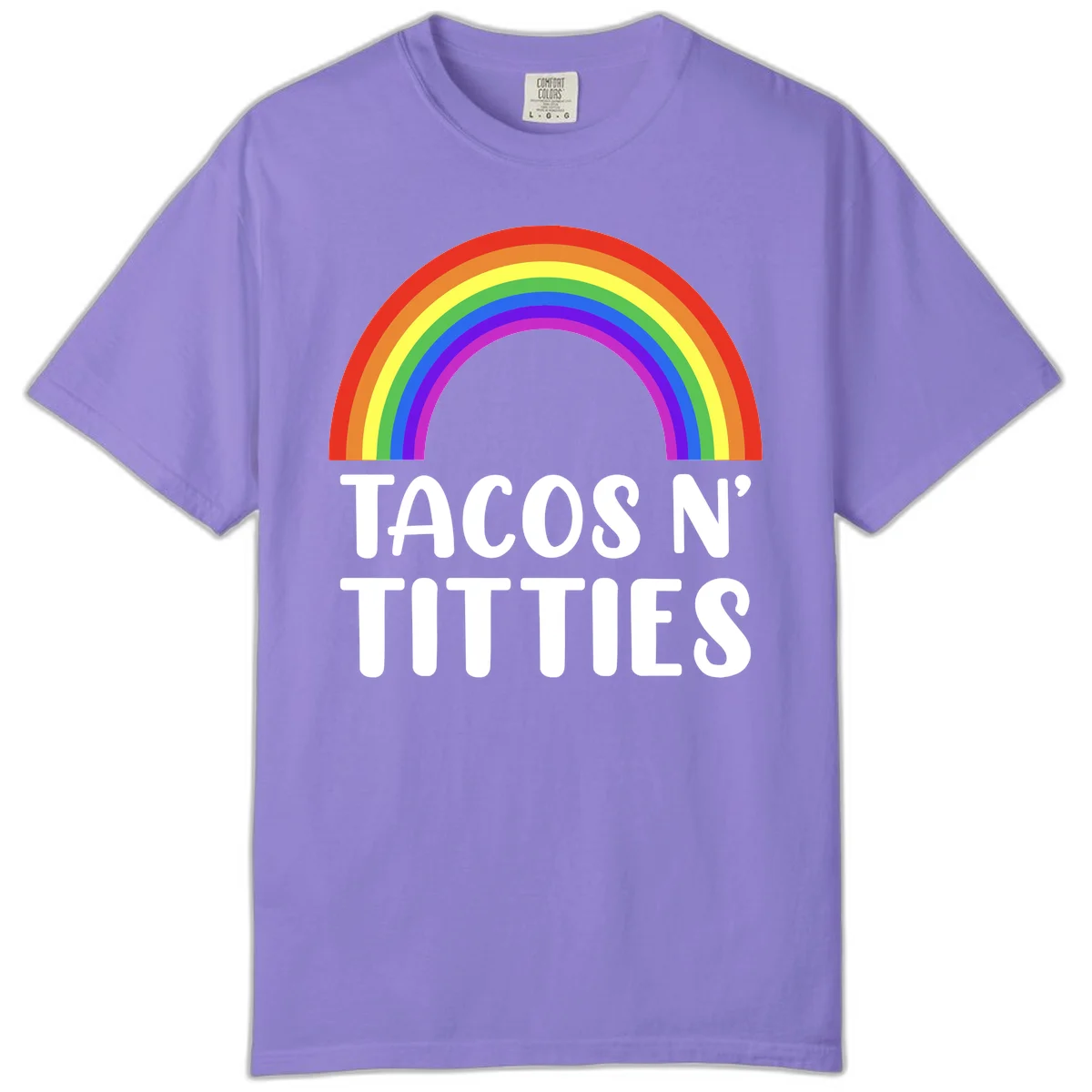 Colorful rainbow arc above white text reading 'TACOS N' TITLES' on gray background - tacos-n-rainbows-pride design in Violet