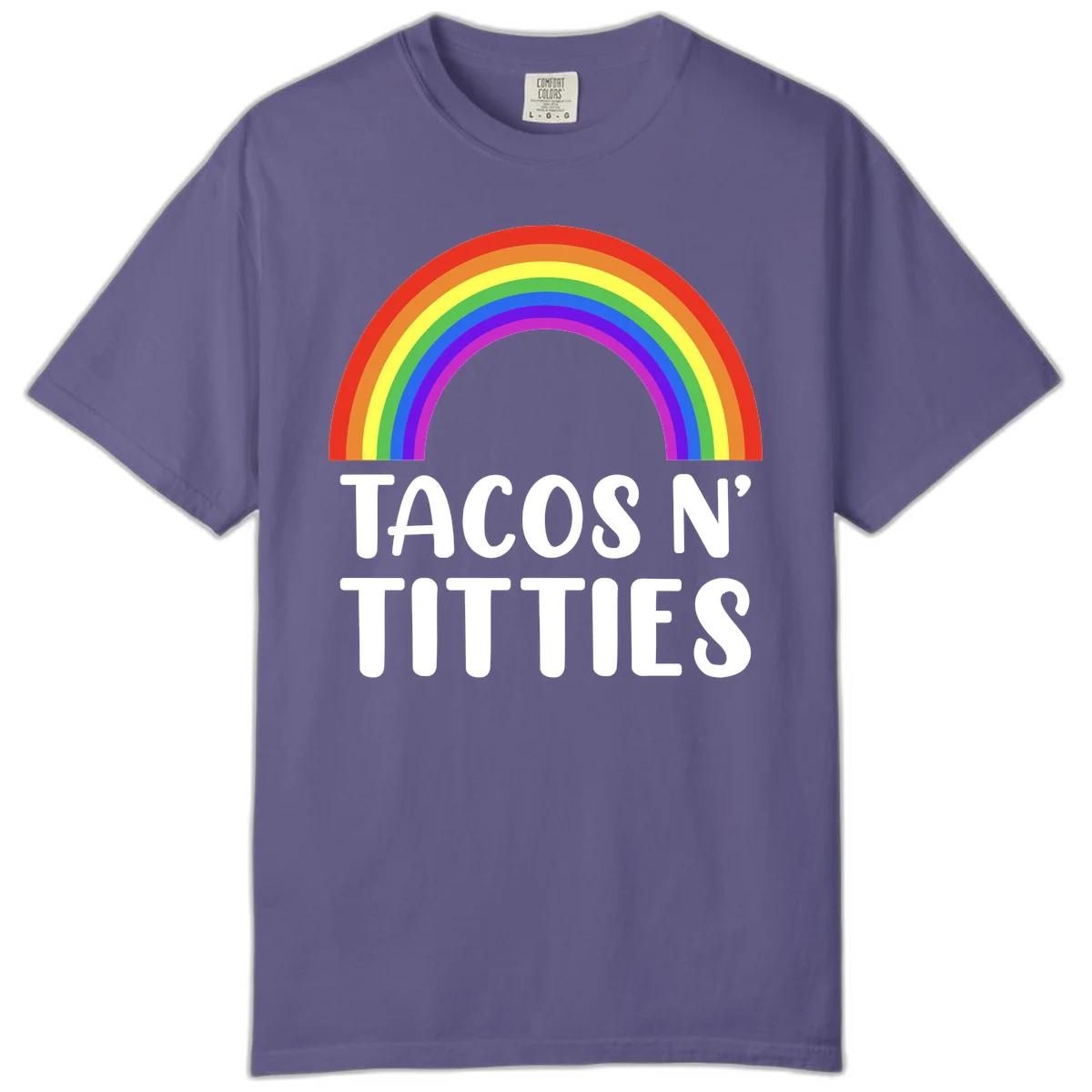 Colorful rainbow arc above white text reading 'TACOS N' TITLES' on gray background - tacos-n-rainbows-pride design in Grape