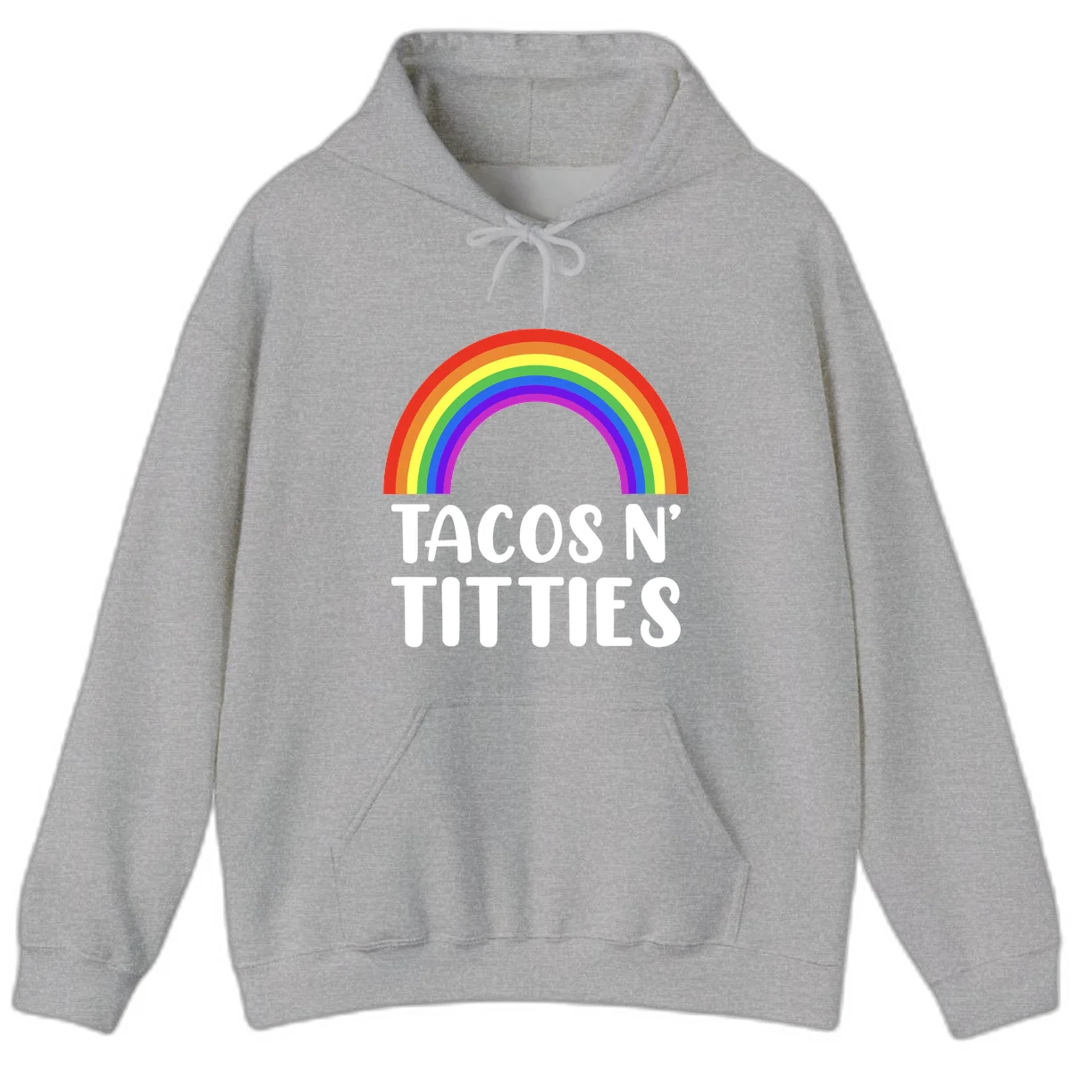 Colorful rainbow arc above white text reading 'TACOS N' TITLES' on gray background - tacos-n-rainbows-pride design in Sport Grey