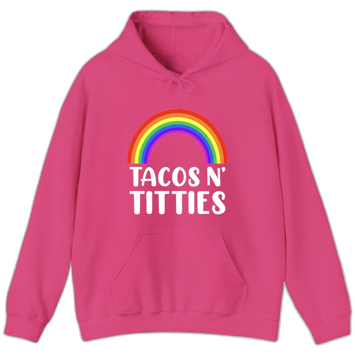 Colorful rainbow arc above white text reading 'TACOS N' TITLES' on gray background - tacos-n-rainbows-pride design in Heliconia