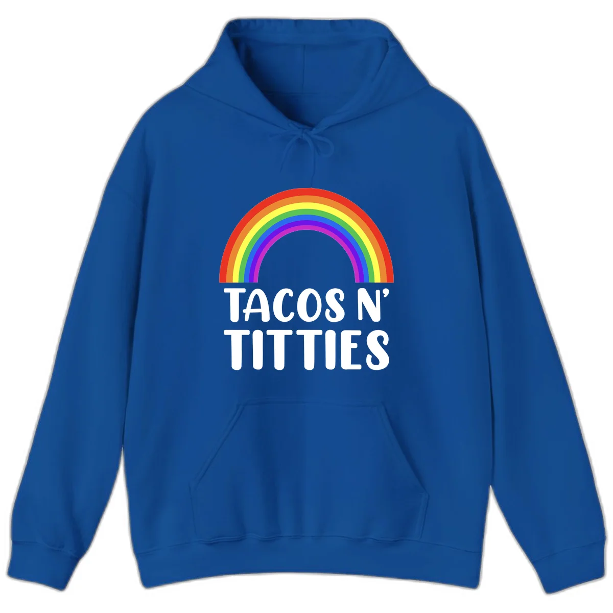 Colorful rainbow arc above white text reading 'TACOS N' TITLES' on gray background - tacos-n-rainbows-pride design in Royal