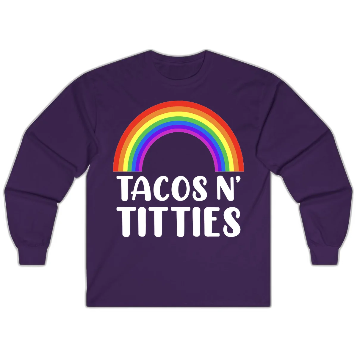 Colorful rainbow arc above white text reading 'TACOS N' TITLES' on gray background - tacos-n-rainbows-pride design in Purple