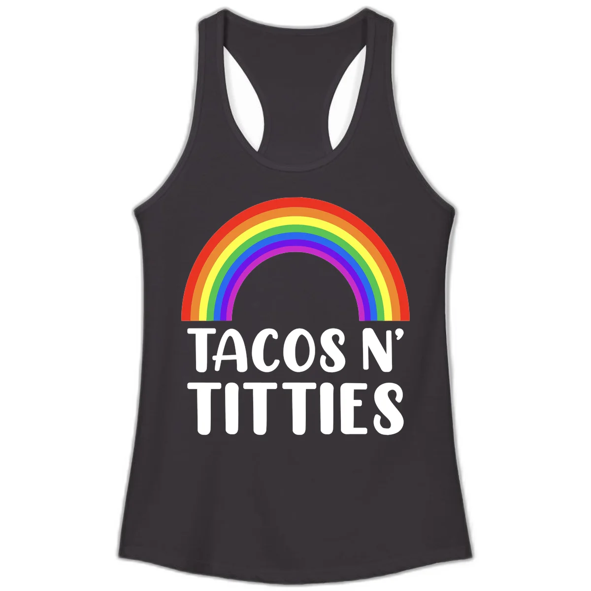 Colorful rainbow arc above white text reading 'TACOS N' TITLES' on gray background - tacos-n-rainbows-pride design in Black