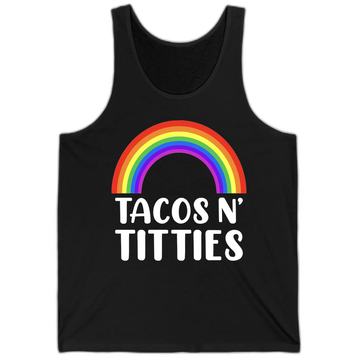 Colorful rainbow arc above white text reading 'TACOS N' TITLES' on gray background - tacos-n-rainbows-pride design in Black