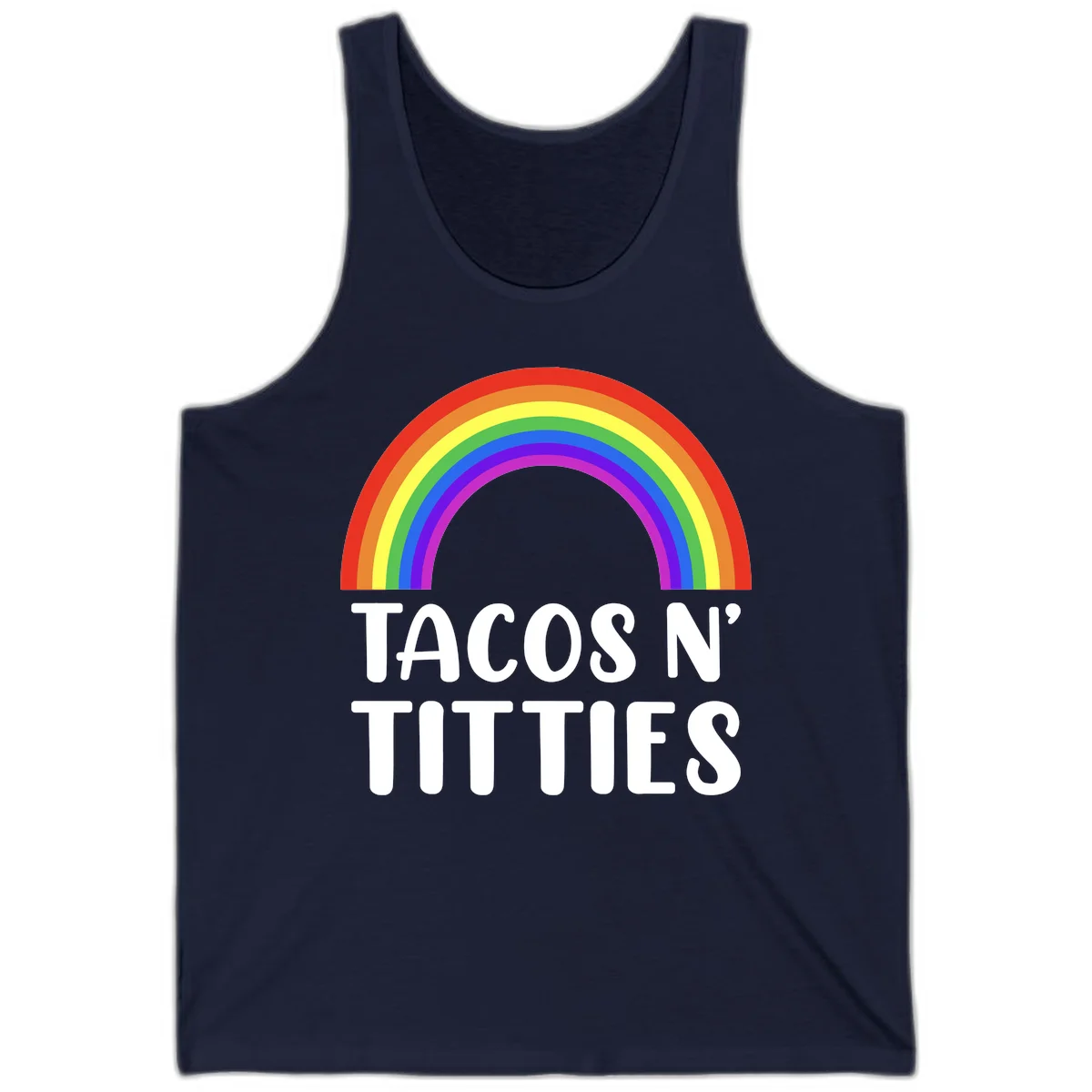 Colorful rainbow arc above white text reading 'TACOS N' TITLES' on gray background - tacos-n-rainbows-pride design in Navy