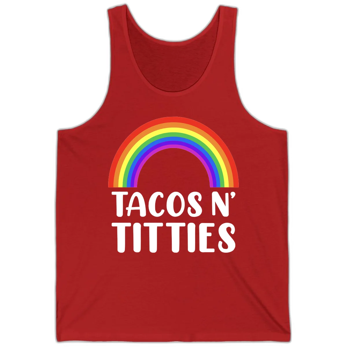 Colorful rainbow arc above white text reading 'TACOS N' TITLES' on gray background - tacos-n-rainbows-pride design in Red
