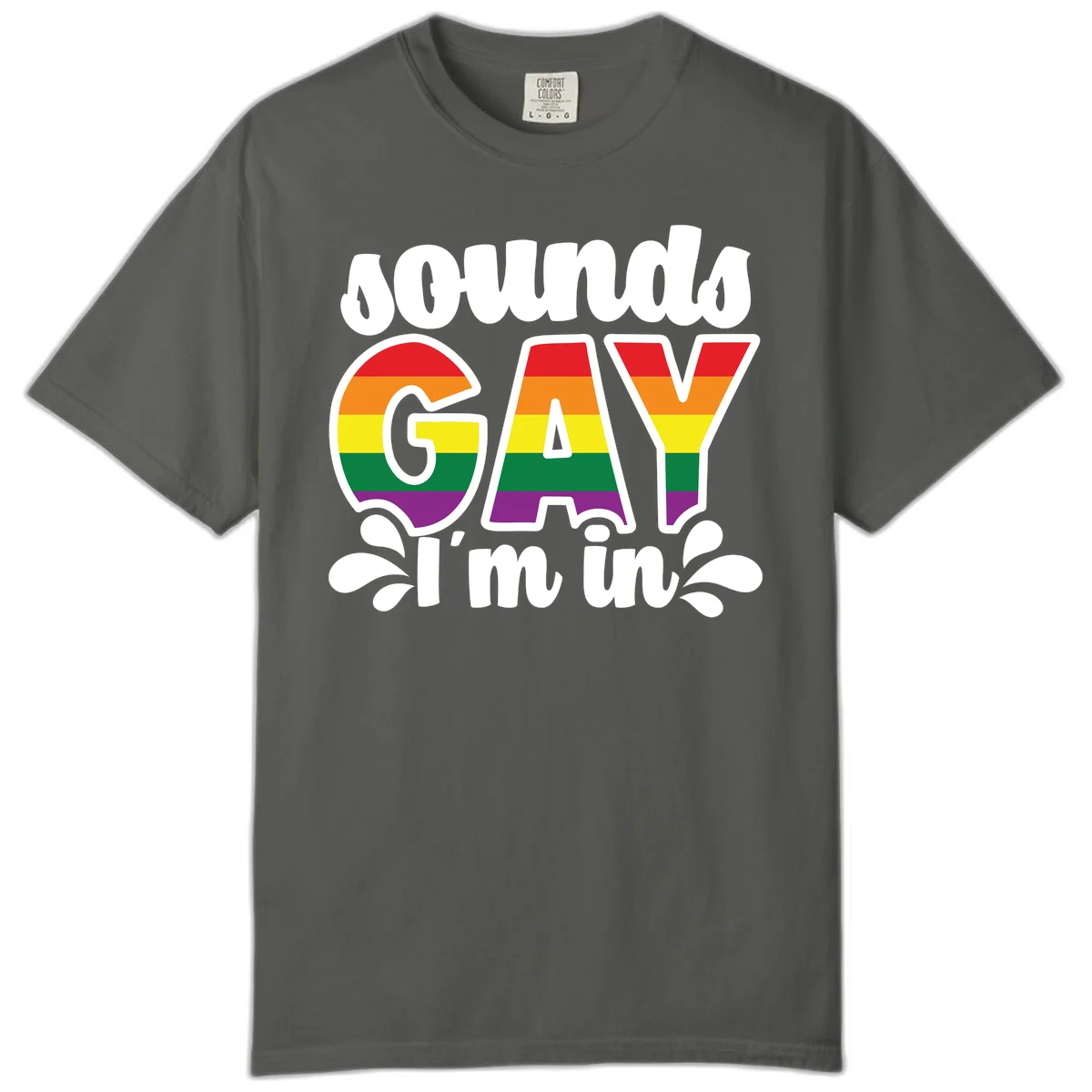 Rainbow pride flag striped lettering spelling 'PROUD GAY I'm in' with decorative flourishes on gray background in Pepper