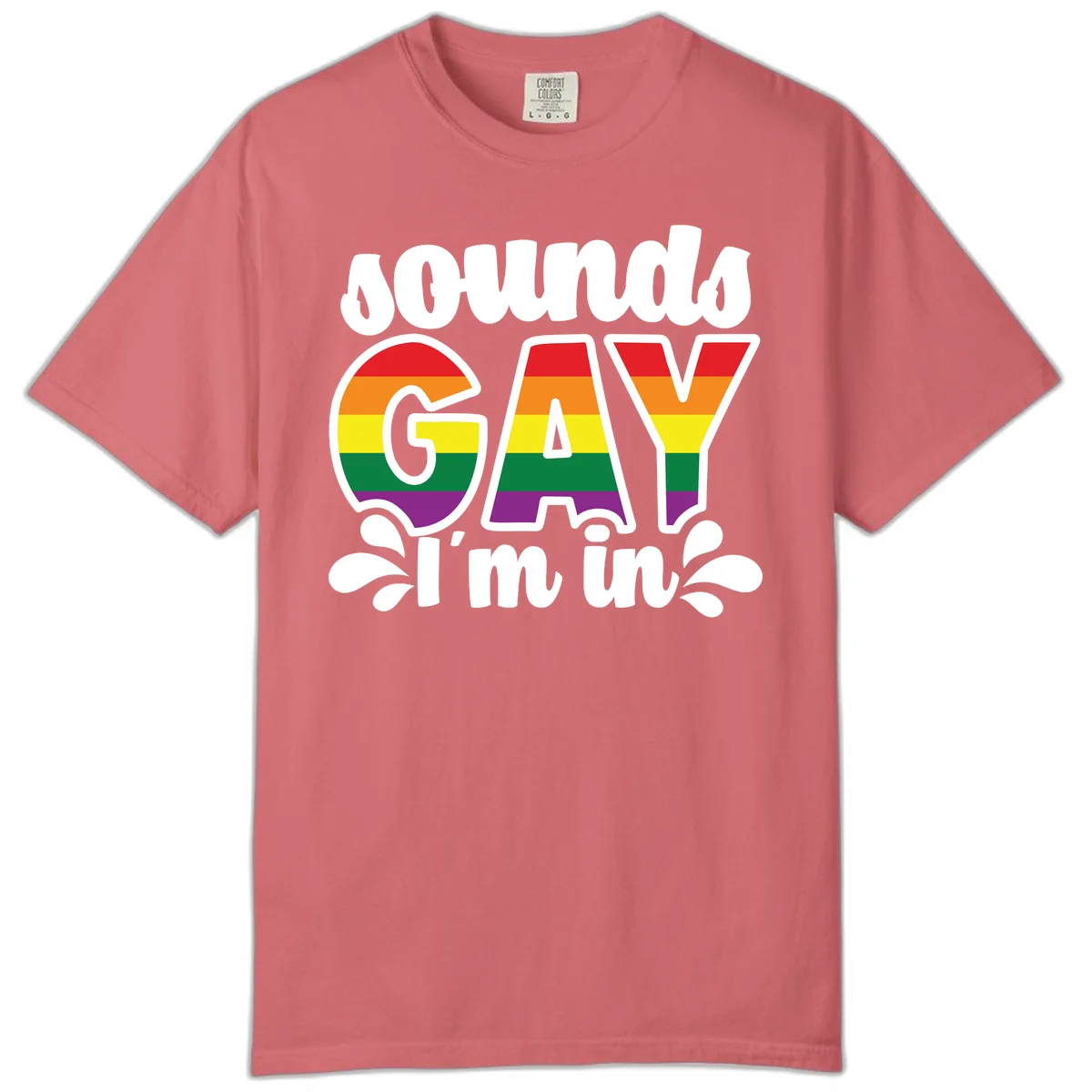 Rainbow pride flag striped lettering spelling 'PROUD GAY I'm in' with decorative flourishes on gray background in Watermelon