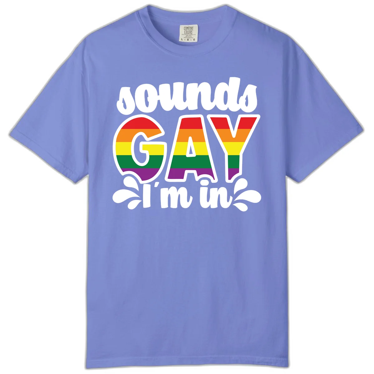 Rainbow pride flag striped lettering spelling 'PROUD GAY I'm in' with decorative flourishes on gray background in Flo Blue