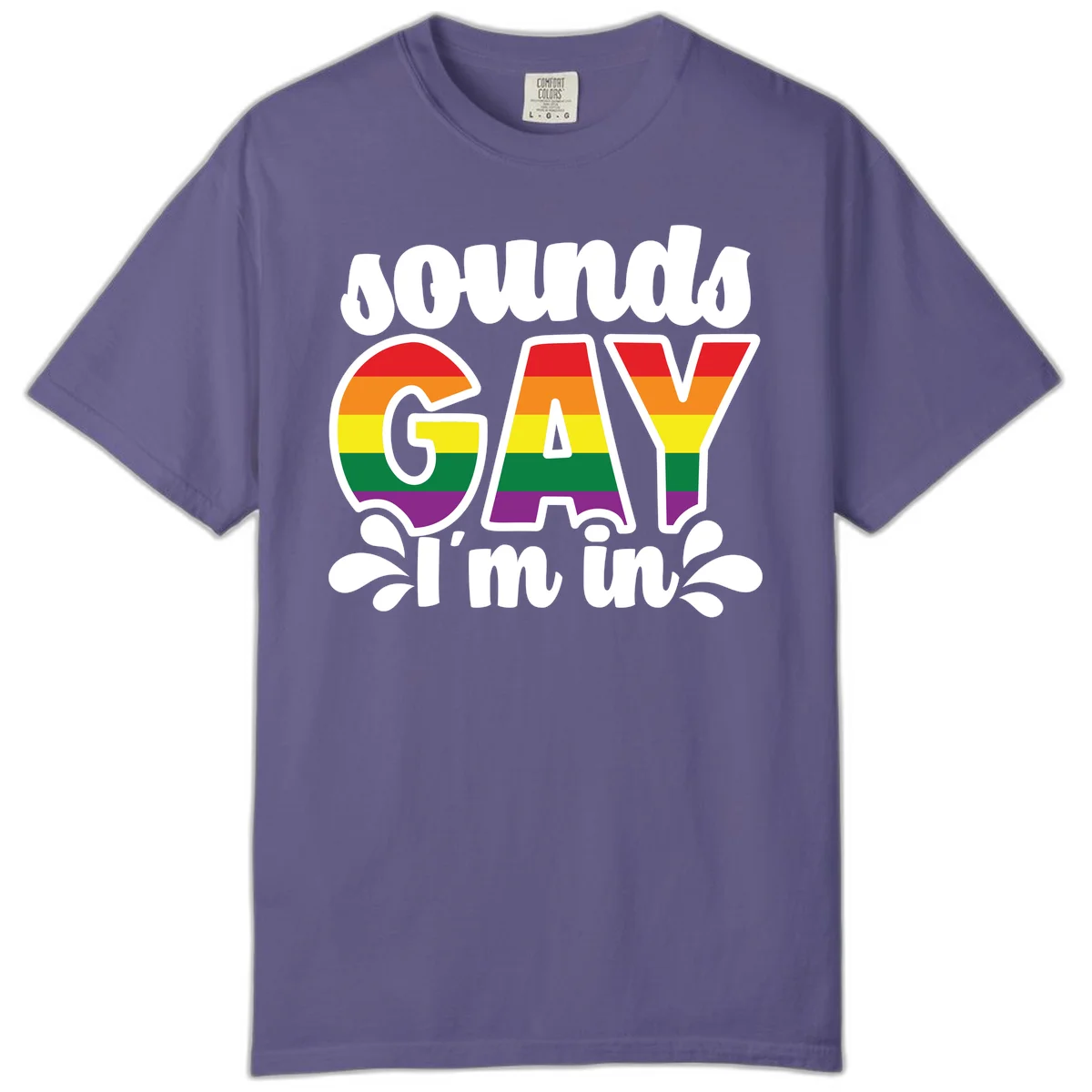 Rainbow pride flag striped lettering spelling 'PROUD GAY I'm in' with decorative flourishes on gray background in Grape