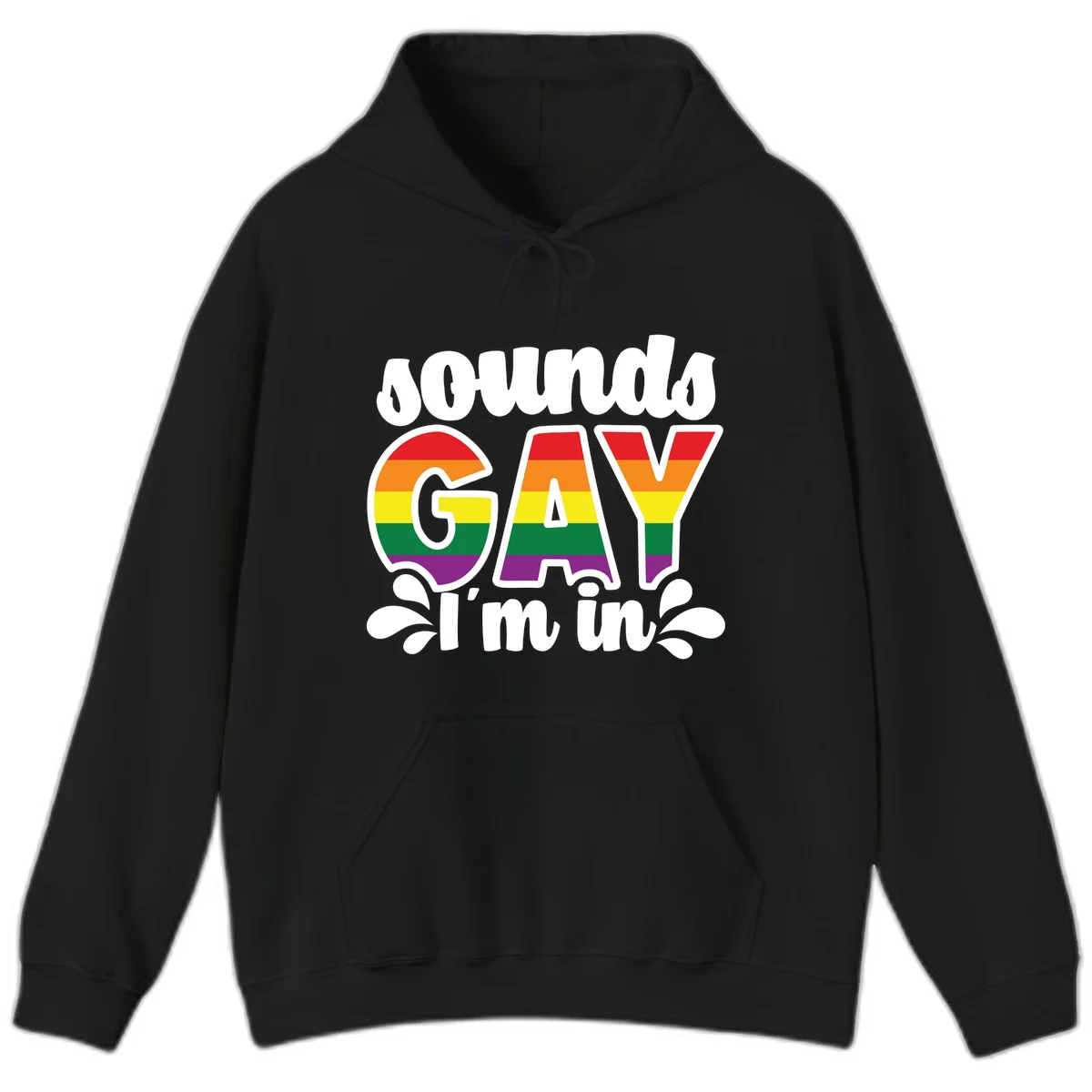 Rainbow pride flag striped lettering spelling 'PROUD GAY I'm in' with decorative flourishes on gray background in Black