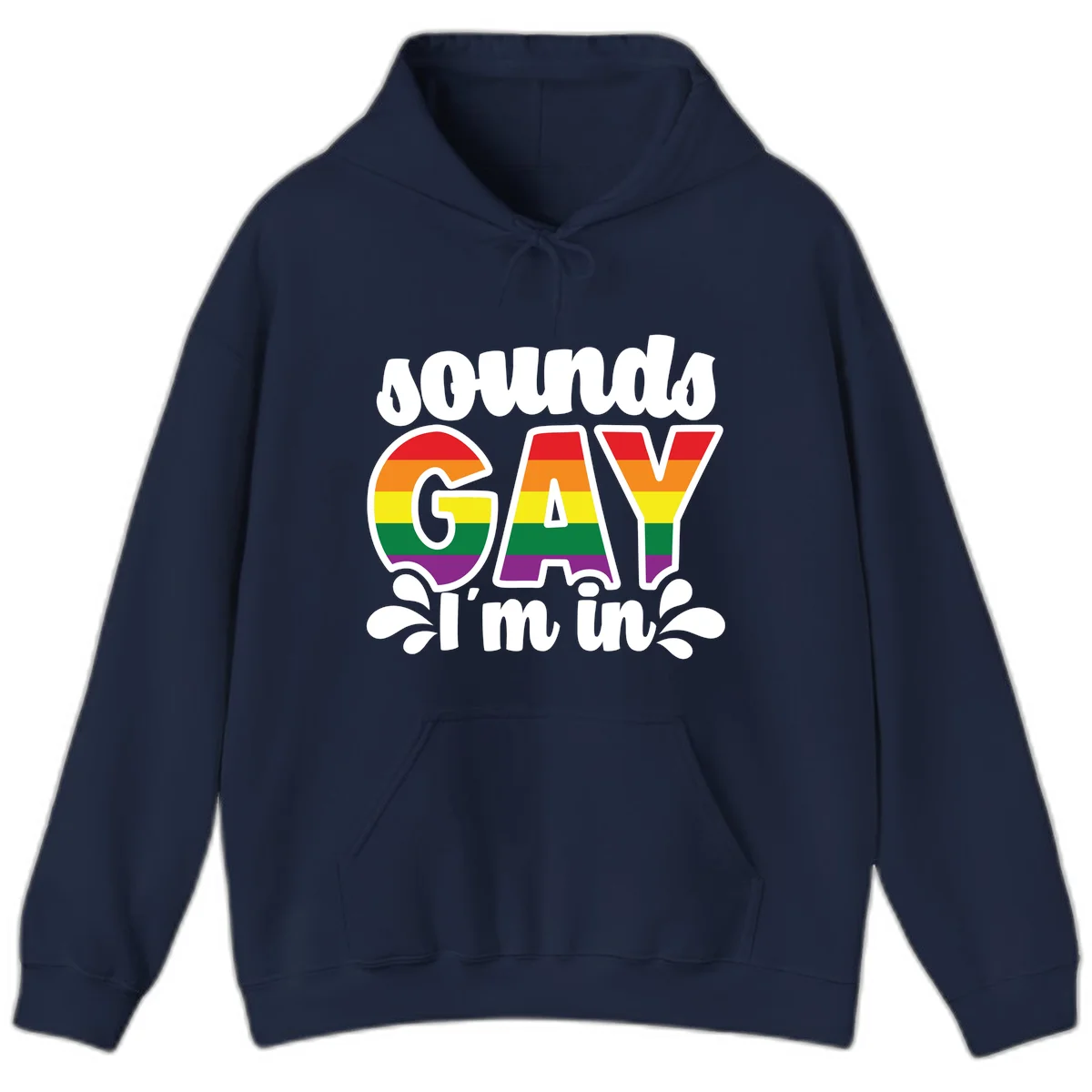 Rainbow pride flag striped lettering spelling 'PROUD GAY I'm in' with decorative flourishes on gray background in Navy