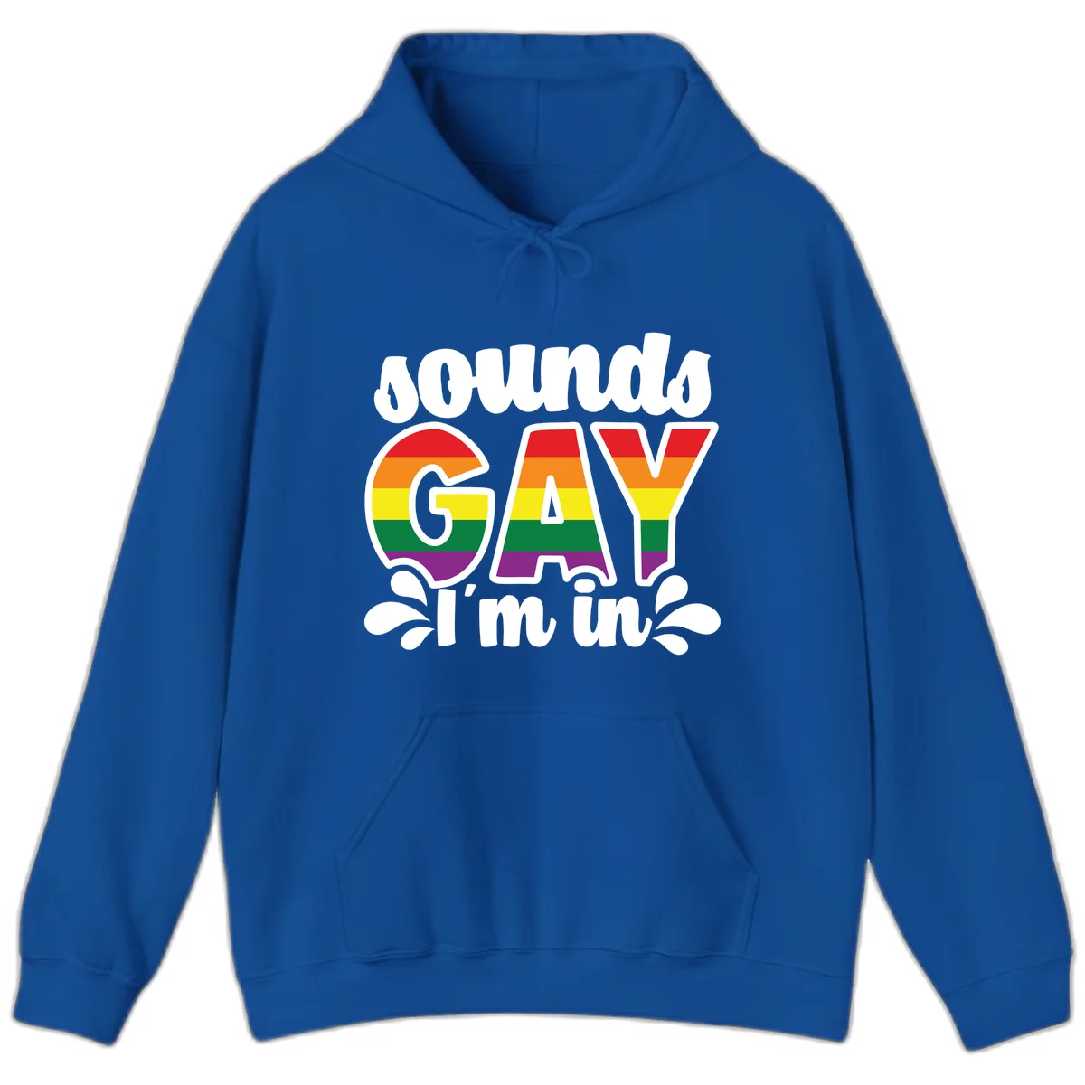 Rainbow pride flag striped lettering spelling 'PROUD GAY I'm in' with decorative flourishes on gray background in Royal