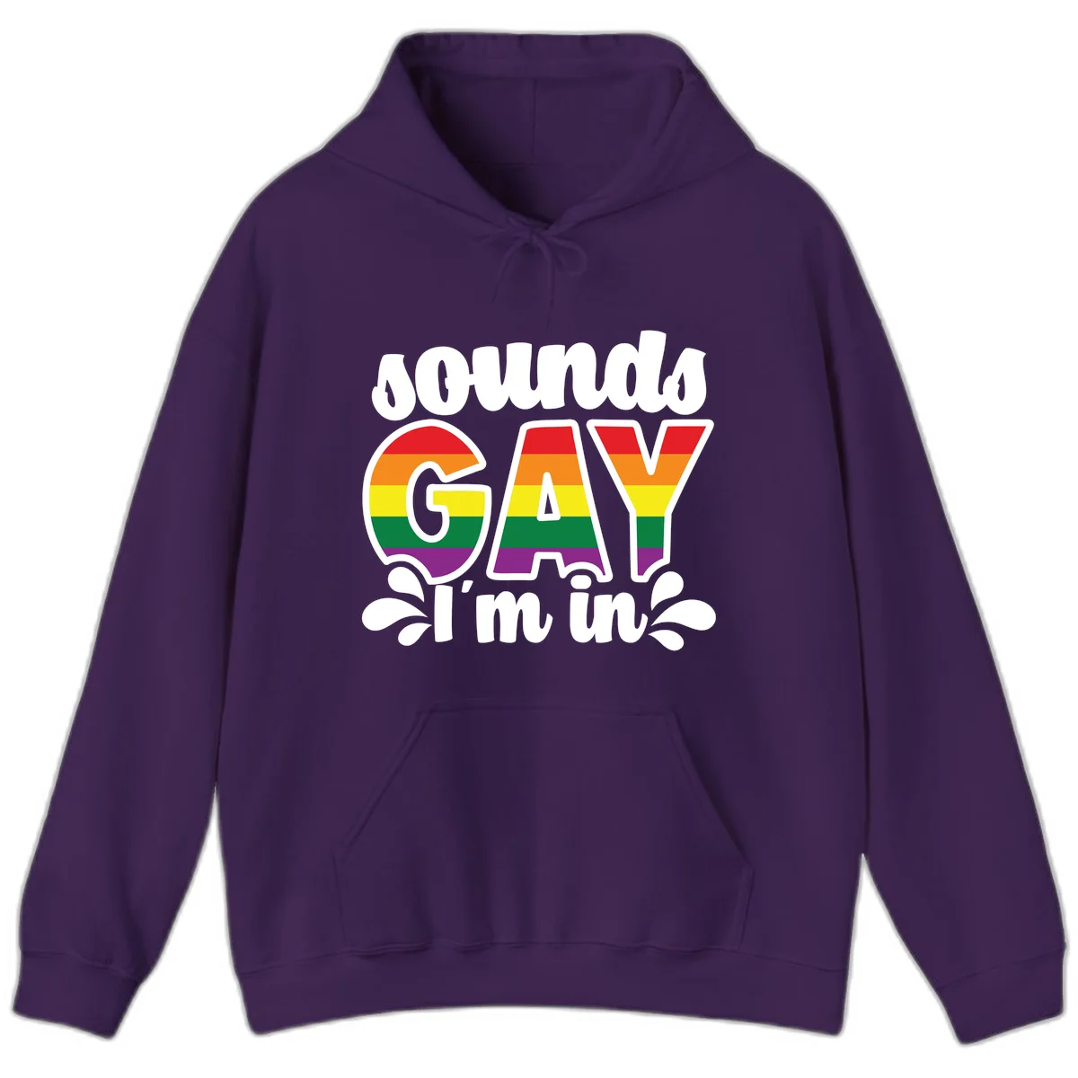 Rainbow pride flag striped lettering spelling 'PROUD GAY I'm in' with decorative flourishes on gray background in Purple
