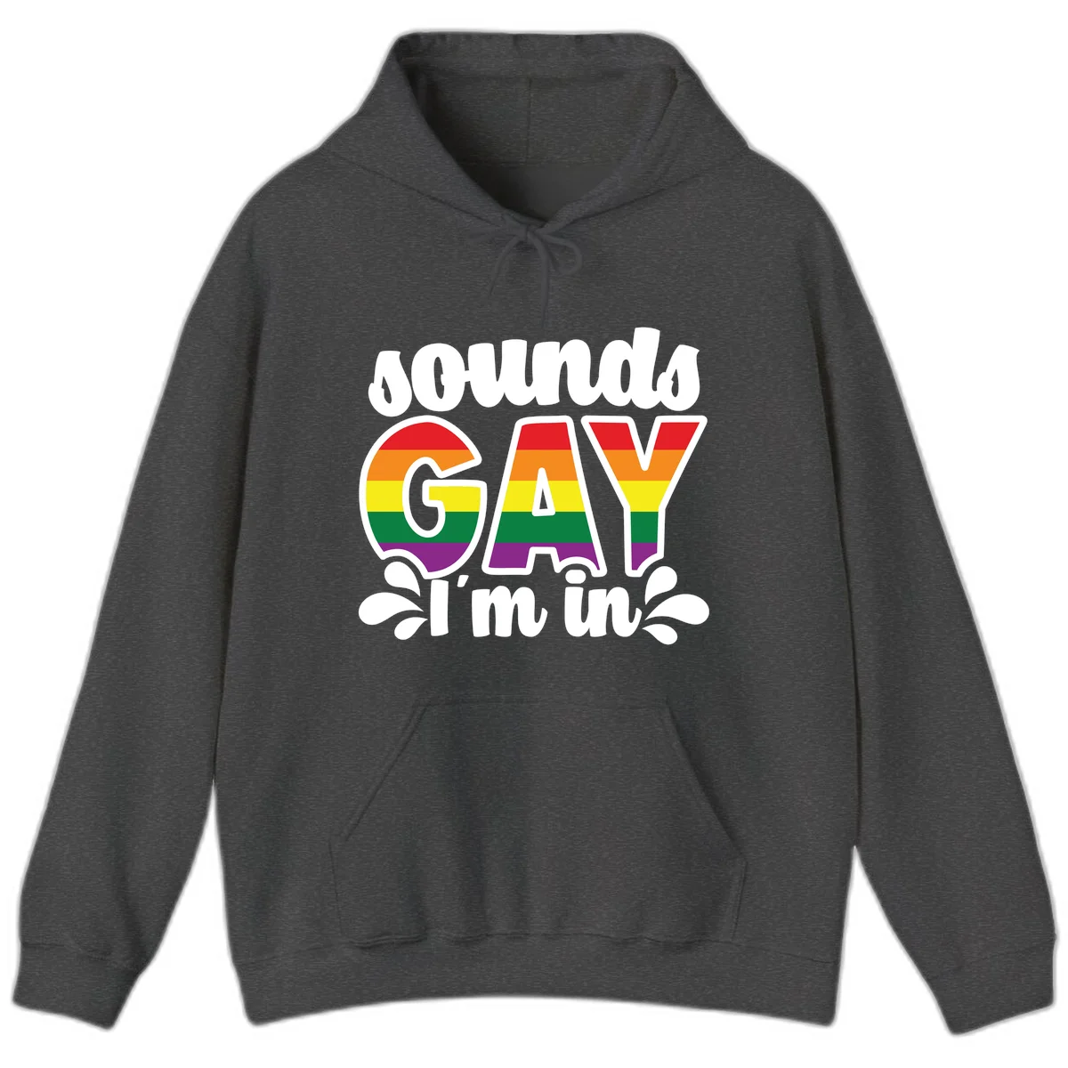 Rainbow pride flag striped lettering spelling 'PROUD GAY I'm in' with decorative flourishes on gray background in Dark Heather