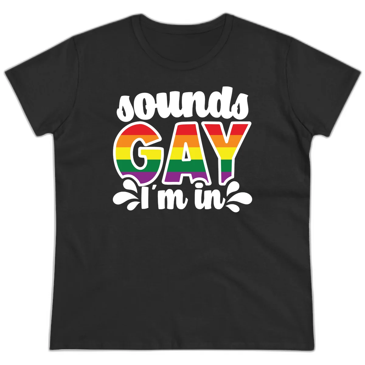 Rainbow pride flag striped lettering spelling 'PROUD GAY I'm in' with decorative flourishes on gray background in Black