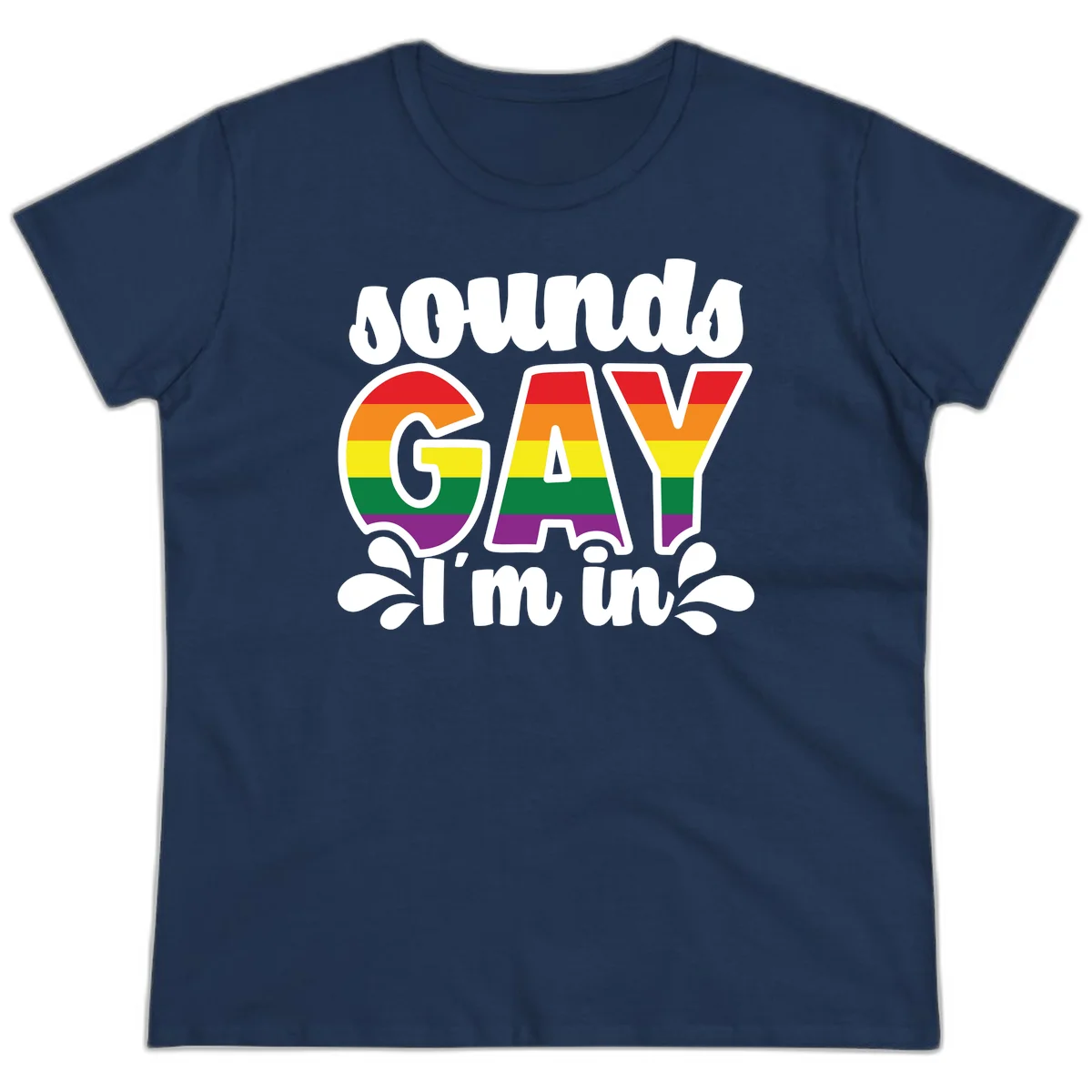 Rainbow pride flag striped lettering spelling 'PROUD GAY I'm in' with decorative flourishes on gray background in Navy