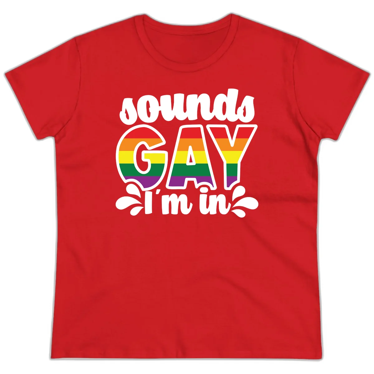 Rainbow pride flag striped lettering spelling 'PROUD GAY I'm in' with decorative flourishes on gray background in Red