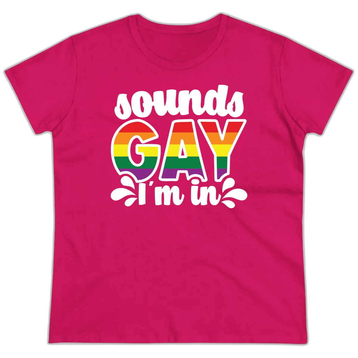 Rainbow pride flag striped lettering spelling 'PROUD GAY I'm in' with decorative flourishes on gray background in Heliconia