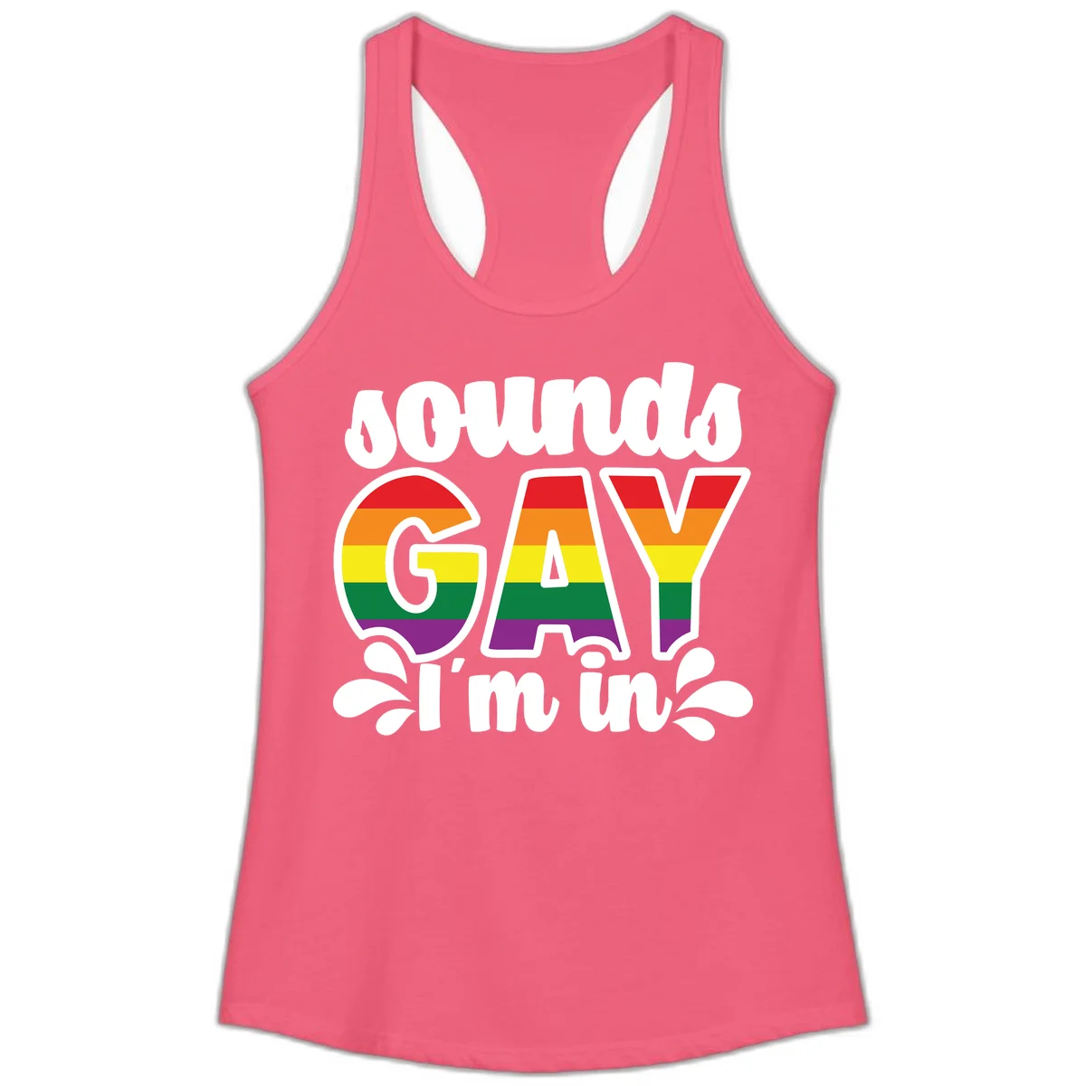 Rainbow pride flag striped lettering spelling 'PROUD GAY I'm in' with decorative flourishes on gray background in Hot Pink