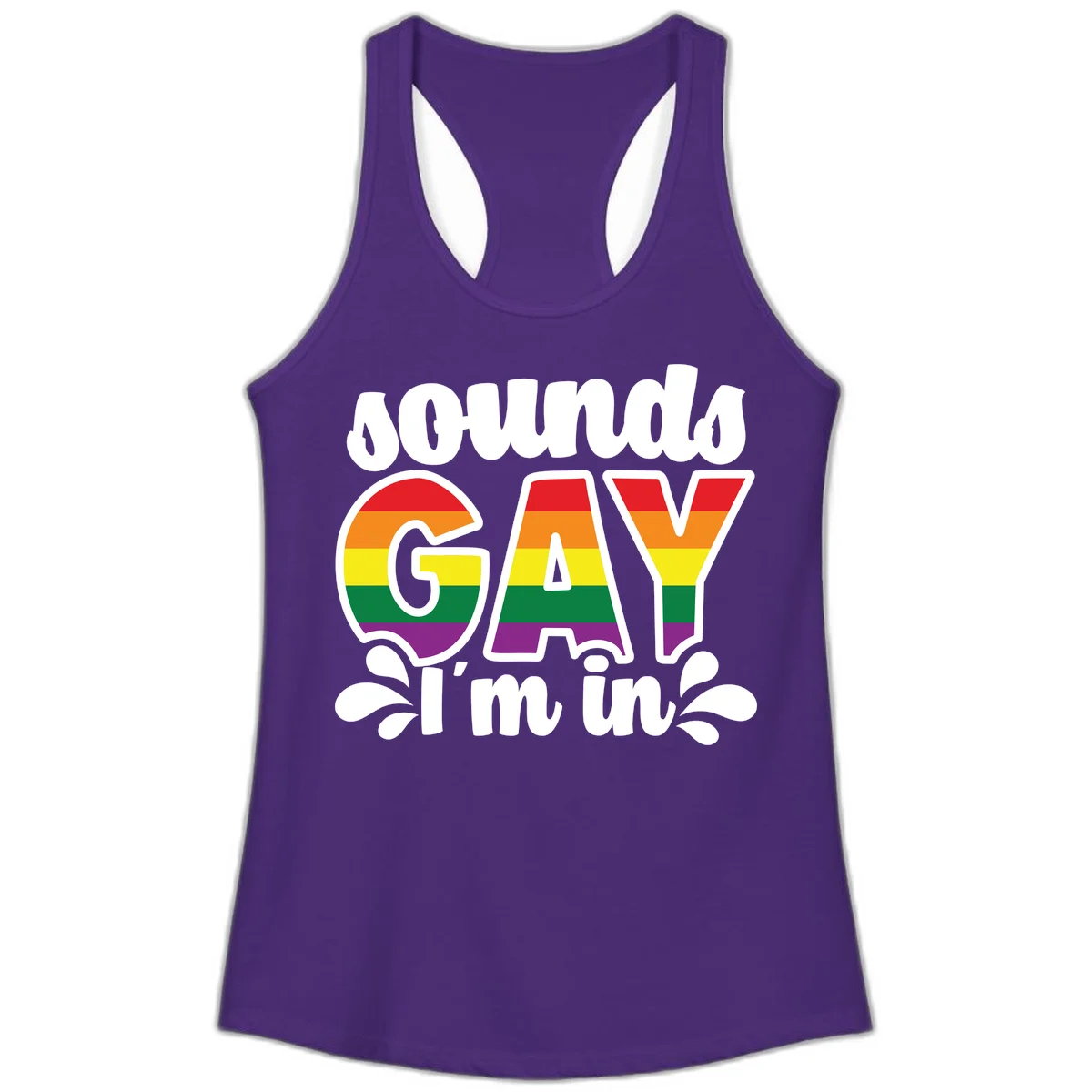 Rainbow pride flag striped lettering spelling 'PROUD GAY I'm in' with decorative flourishes on gray background in Solid Purple Rush