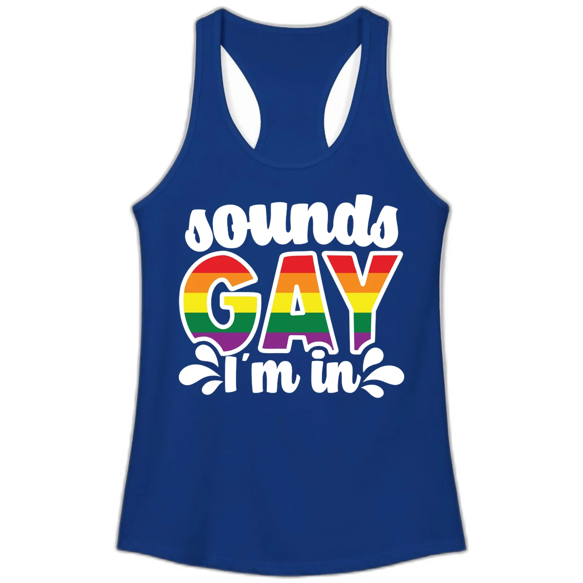 Rainbow pride flag striped lettering spelling 'PROUD GAY I'm in' with decorative flourishes on gray background in Solid Royal