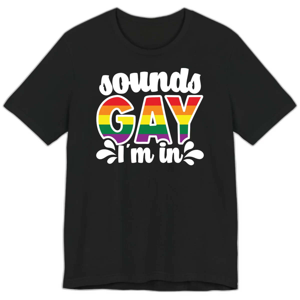 Rainbow pride flag striped lettering spelling 'PROUD GAY I'm in' with decorative flourishes on gray background in Black