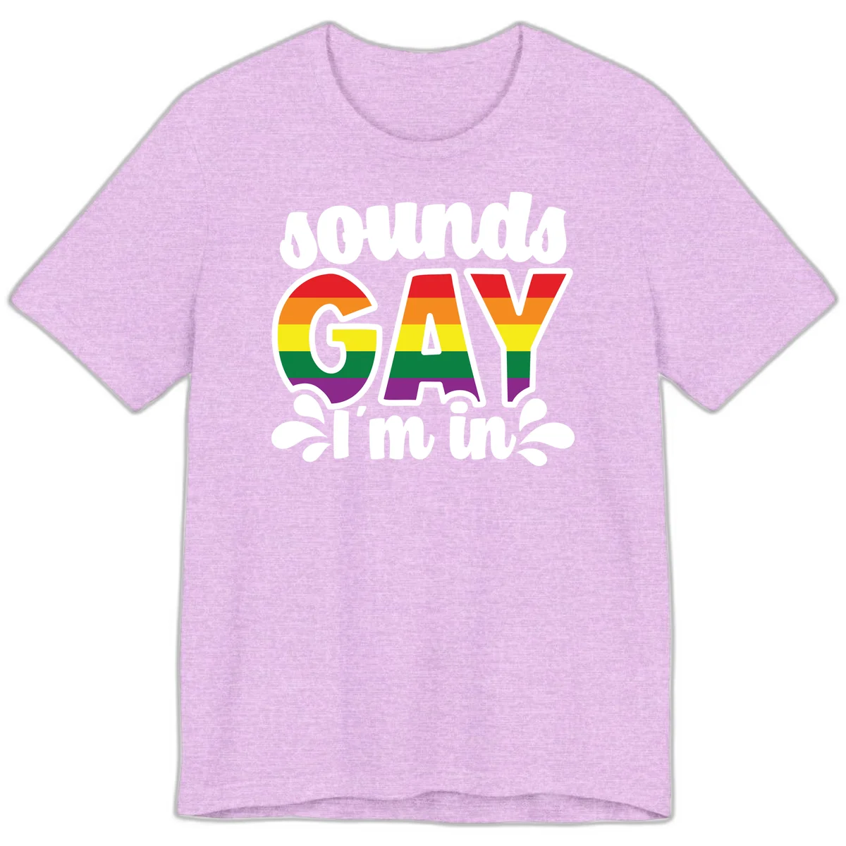 Rainbow pride flag striped lettering spelling 'PROUD GAY I'm in' with decorative flourishes on gray background in Heather Prism Lilac