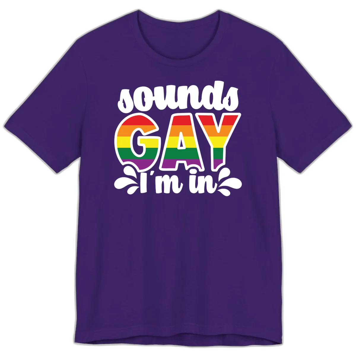 Rainbow pride flag striped lettering spelling 'PROUD GAY I'm in' with decorative flourishes on gray background in Team Purple