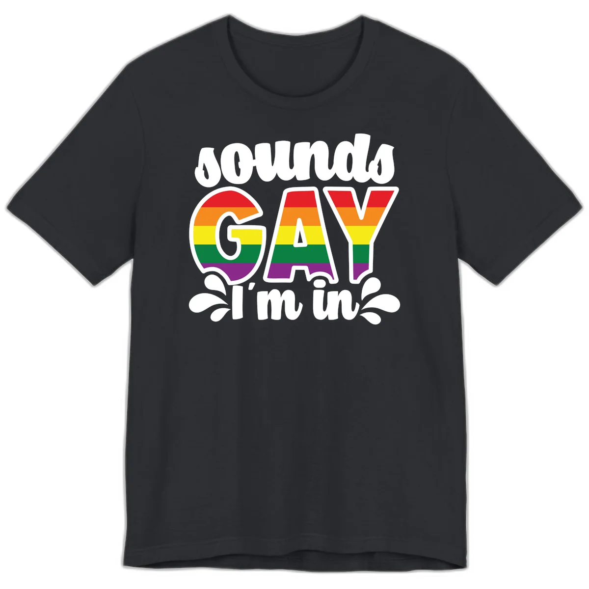 Rainbow pride flag striped lettering spelling 'PROUD GAY I'm in' with decorative flourishes on gray background in Vintage Black