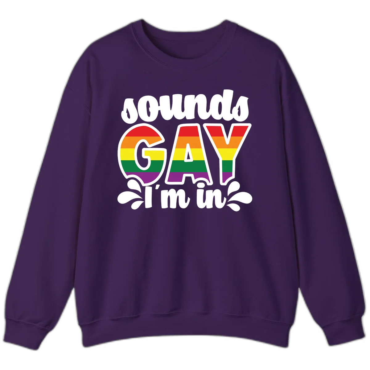 Rainbow pride flag striped lettering spelling 'PROUD GAY I'm in' with decorative flourishes on gray background in Purple