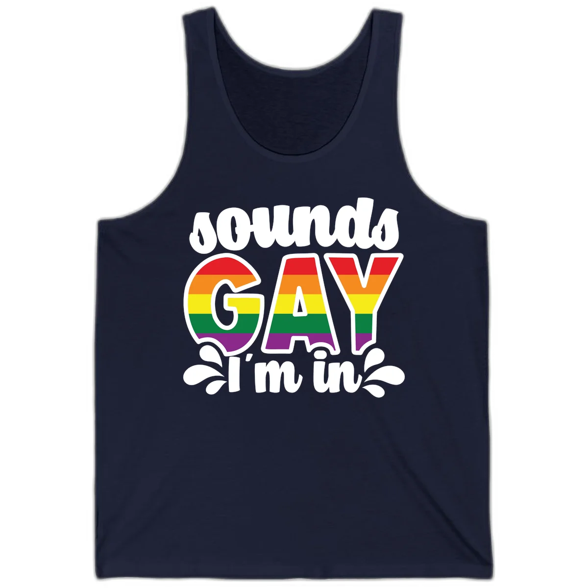 Rainbow pride flag striped lettering spelling 'PROUD GAY I'm in' with decorative flourishes on gray background in Navy