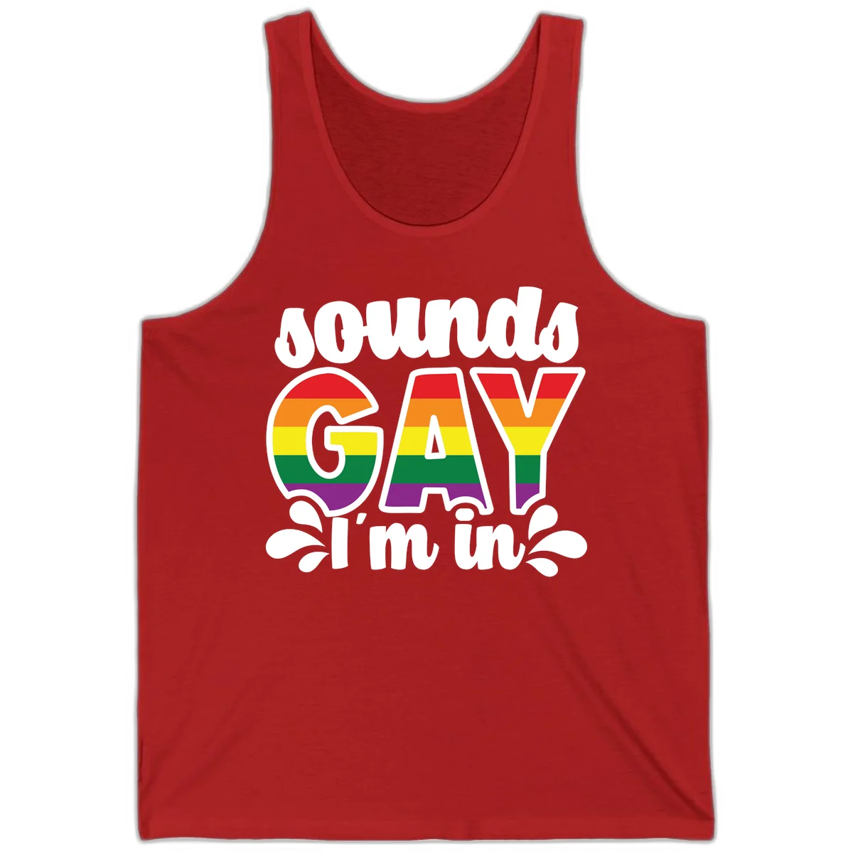 Rainbow pride flag striped lettering spelling 'PROUD GAY I'm in' with decorative flourishes on gray background in Red