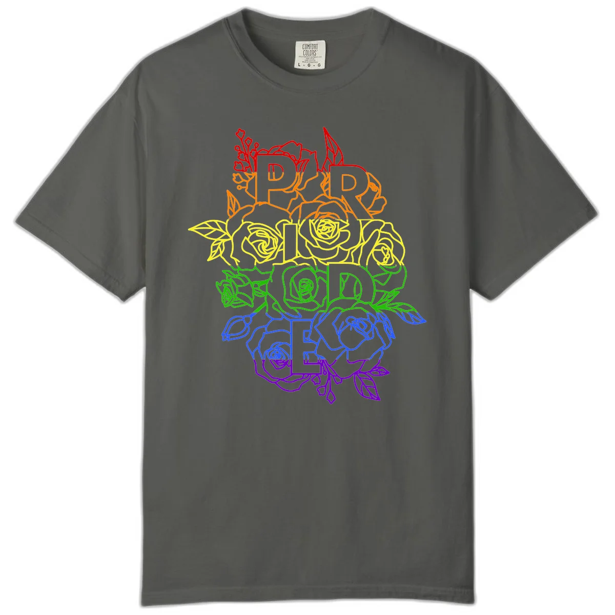 Pride rainbow floral design with the word PRIDE stacked vertically in rainbow colors, each letter surrounded by decorative roses and botanical elements. in Pepper